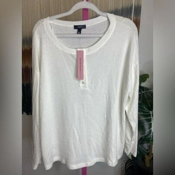 NWT Aqua Curve Womens Plus Waffle Long Sleeve Henley Top White - Picture 2 of 5